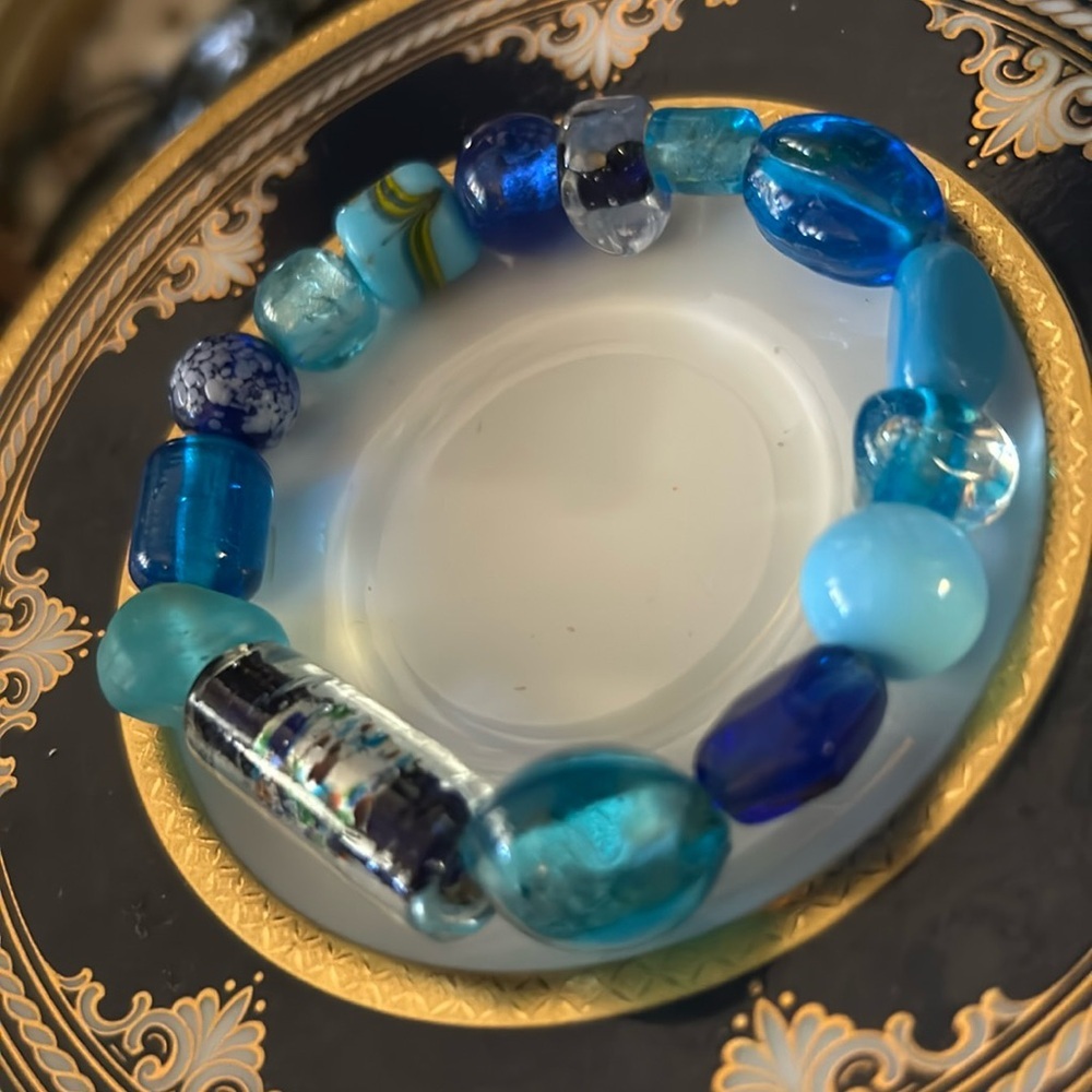 Vintage Blue Glass Bead Stretch Bracelet